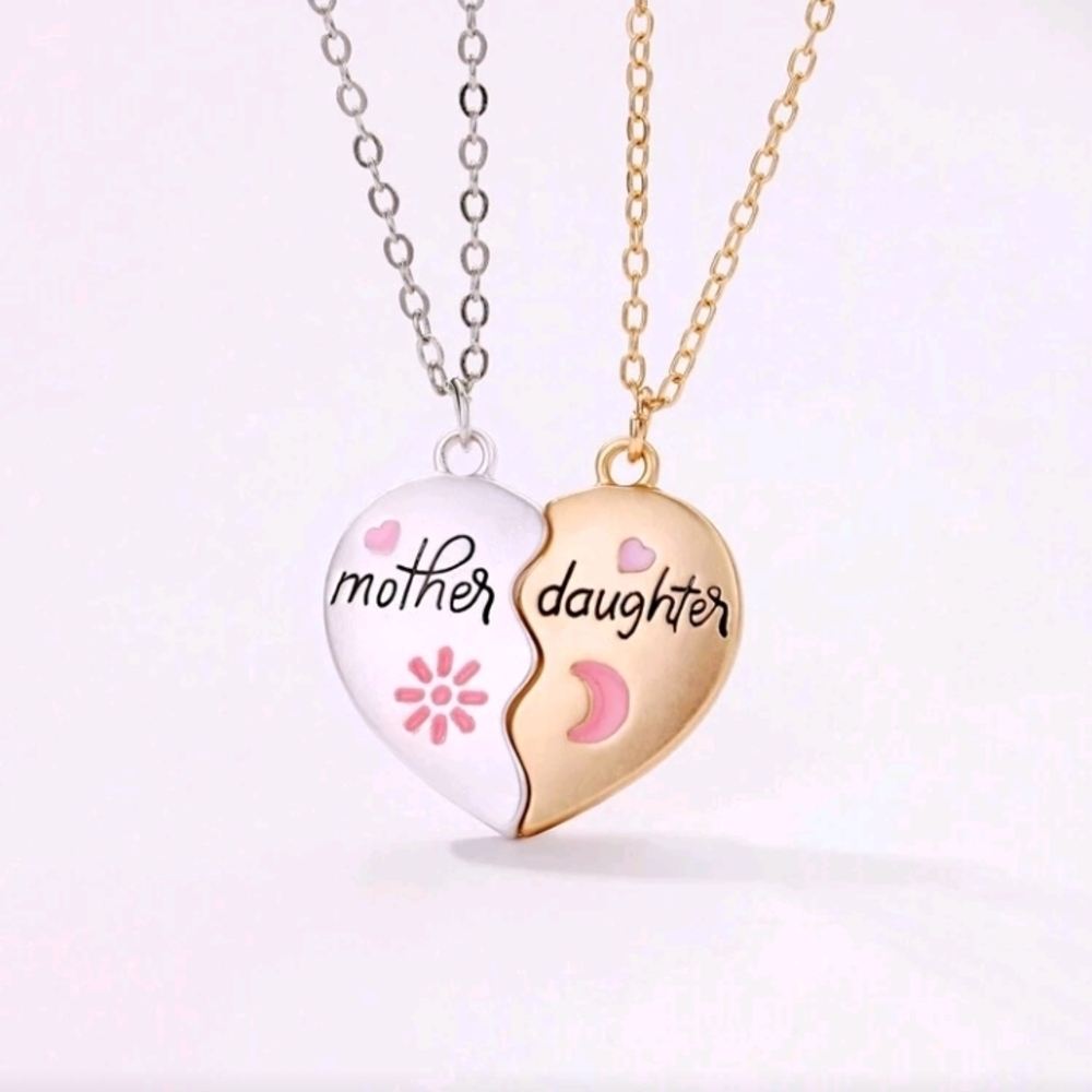Mother Daughter Magnetic Heart Necklace 2 In One Set - Silver and Gold